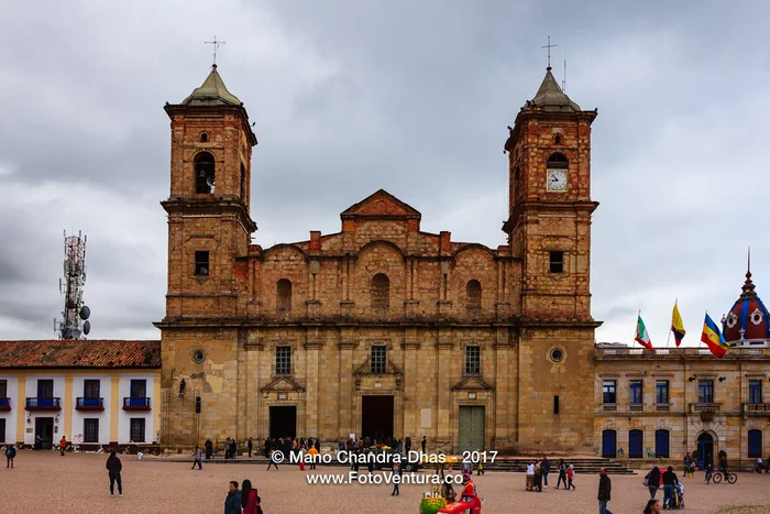Colombia - people, historic Zipaquira town square and church