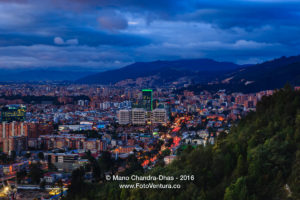 Bogota, Colombia: Panoramic twilight view of Usaquen from La Calera
