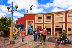 Bogota, Colombia - Tourists on Plaza Chorro de Quevedo in the Historic La Candelabra District