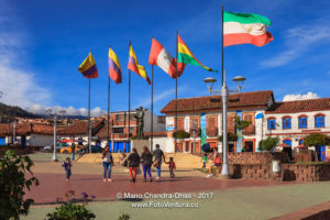 Colombia - Flags and People on Independence Square in Andean Town of Zipaquirá