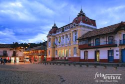 Zipaquirá, Colombia - A Corner Of The Main Town Square With Town Hall to the RIght. Colonial Style Buildings