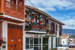 Colombia, South America - Looking At A Geranium Decorated Balcony in 16th Century Villa de Leyva